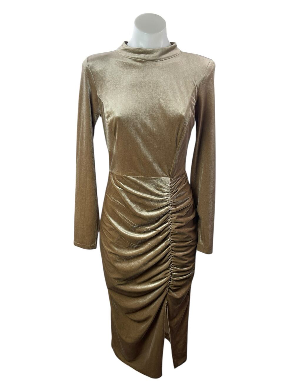 Fervente Gold Velvet Velour Long sleeve Mock Neck Ruched Midi Sheath Dress Sz 8